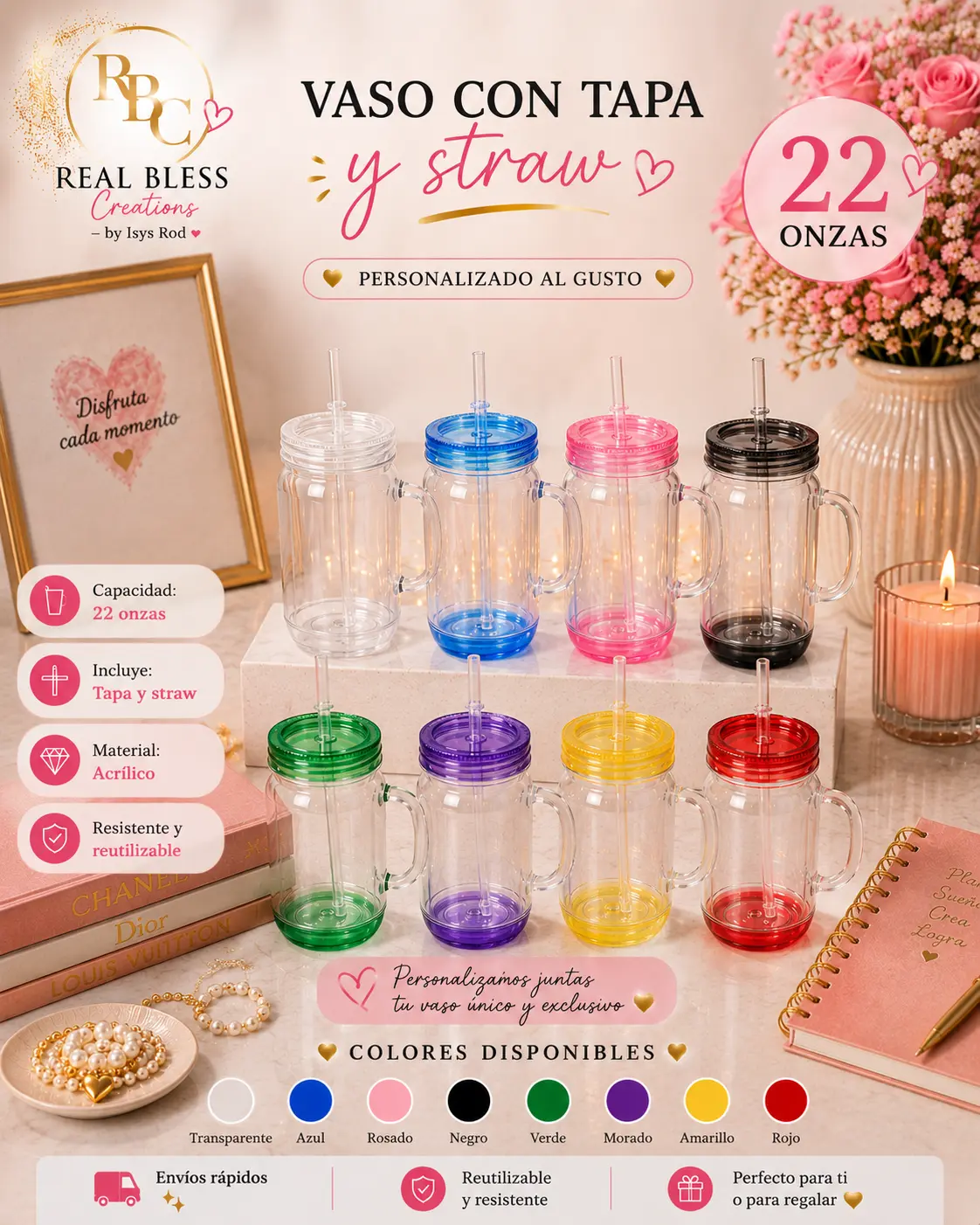 22 oz Acrylic Mason Jar Tumbler with Handle, Lid & Straw – 8 Colors Available