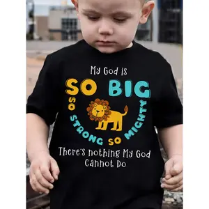 Boys' Short Sleeve Religious Graphic T-Shirt - "My God Is So Big So Strong So Mighty" Lettering, Cute Kid-Friendly Praise Apparel for Church & Summer, Hand Washable, Boys' Tops, Cute Boys' T-Shirts, Graphic Boys' T-Shirts