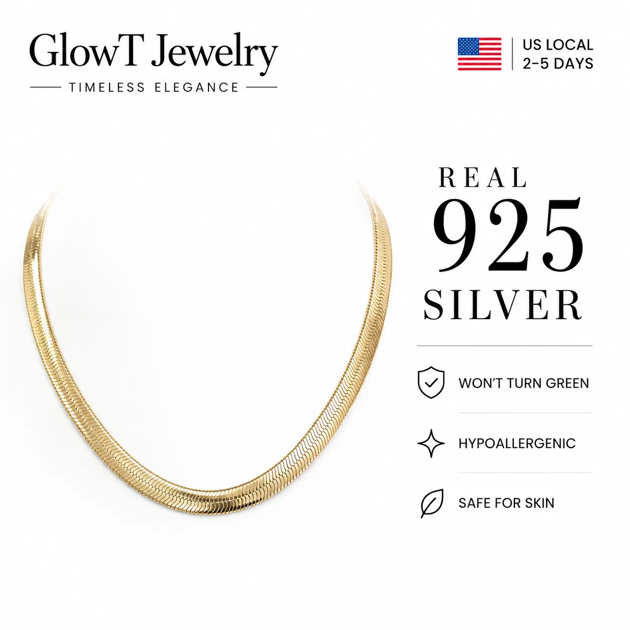 925 Sterling Silver Gold-Plated Herringbone Choker | Minimalist Flat Snake Chain Necklace for Everyday arnish-Resistant Gold-Plated Choker for Women