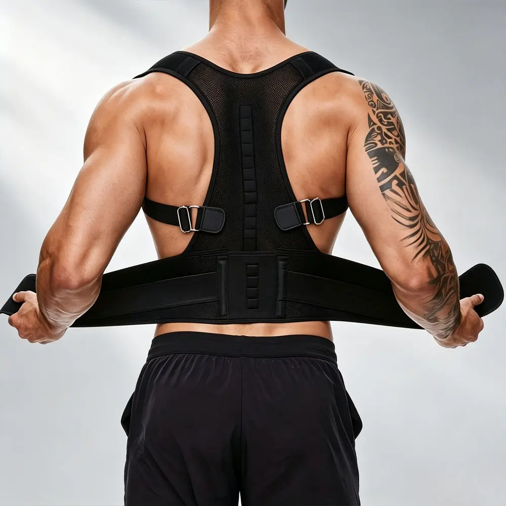 Men Women Posture Corrector Back Support Brace Built-in Magnet Points Dual Adjustable Shoulder Straps Lumbar Waist Compression Belt Lightweight Breathable Hidden Under Daily Clothes