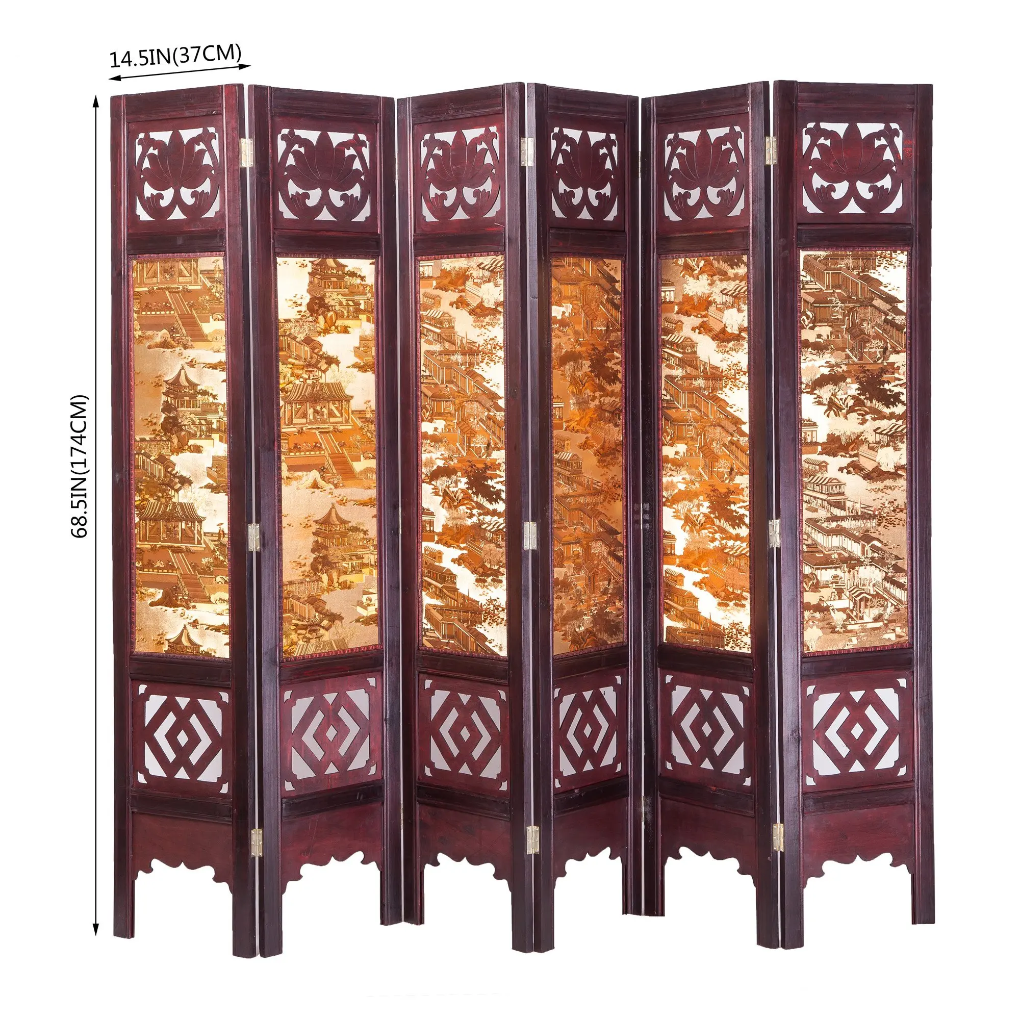 Vintage Wooden Oriental Style 6 Panels Screen Room Divider - City Scenery