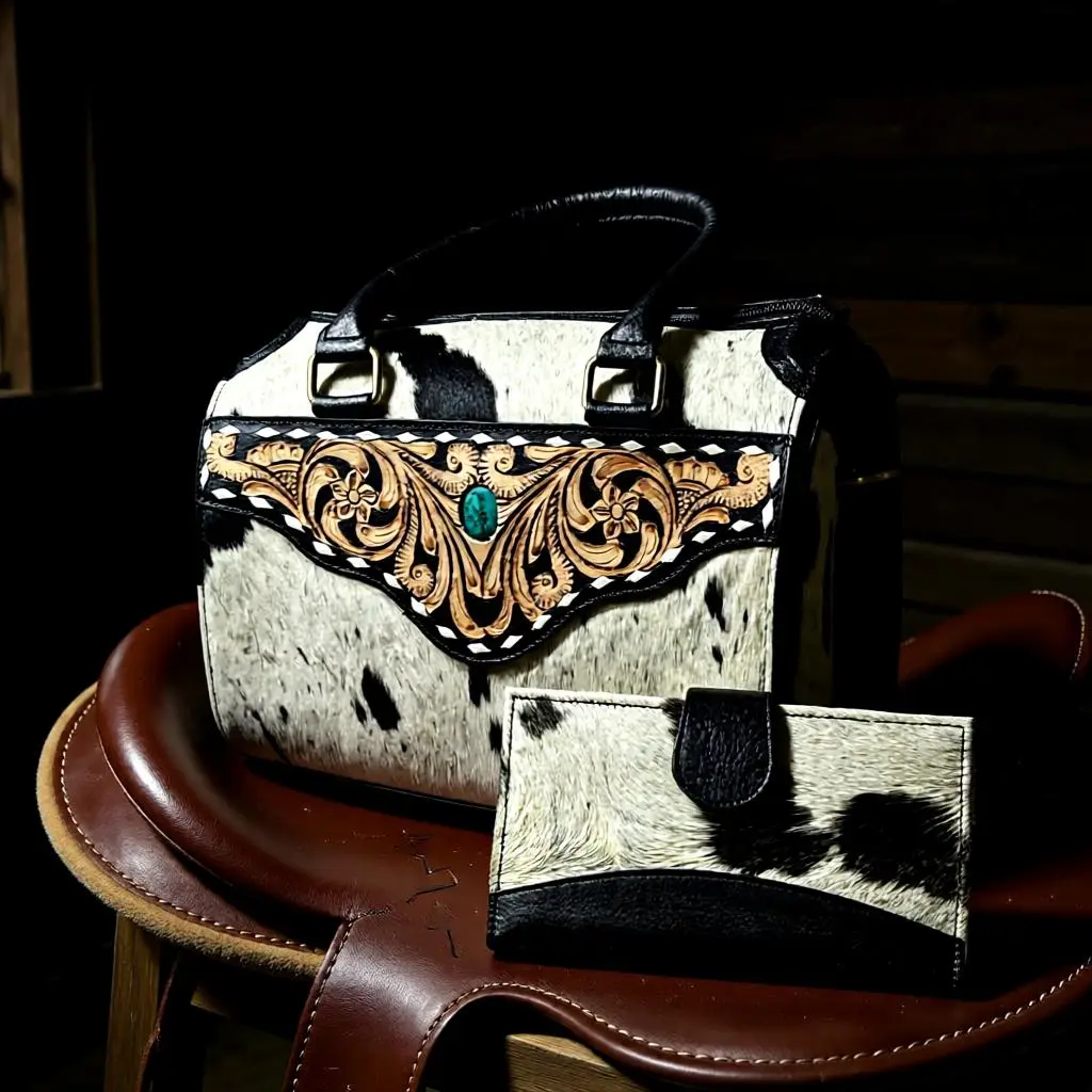 Heritage Collection Cowhide & Hand-Tooled Leather Handbag Authentic Bag Casual Crossbody Bag