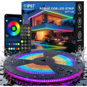40ft COB RGB+IC LED Strip Lights, Bright Dream Color COB LED Light Strip with RF Remote App Control  Sync Color Changing for Garden Outdoor  Decor Pool Patio Party DIY Decoration-1 Roll