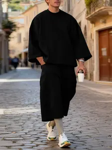 INCERUN Men's Long Sleeve Sweatshirt and Seven-Quarter Pants Set, Minimalist Simple Fashion Design Two-Piece, Ideal for Daily Wear