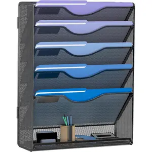 6 Tier  File Organizer, Mesh Wall File Holder Paper Folder Rack with Bottom Flat Tray for Office , Black