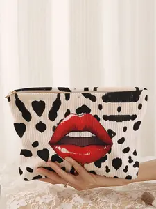 Red Lips Print Corduroy Makeup Bag, Cute Leopard Heart Pattern Cosmetic Pouch, Large Capacity Toiletry Organizer for Women, Aesthetic Storage Bag for Daily Use