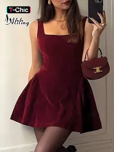Aliling Velvet Women's Dress Square Neck Sleeveless Slim High Waist A Line Mini Dresses Elegant Evening Party Female Clothing Elegant Fit Dress