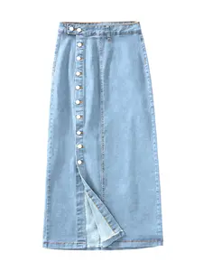 Women's High Waist Denim Light Wash Midi Skirt, Fitted Split Thigh Design, Button Closure, Casual Style, Spring Summer New Arrival, Fashion, Bottom, Womenswear