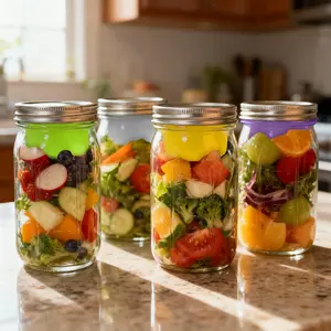 4Pack Glass Salad Jars with Lids Meal Prep,32 oz Leakproof Salad Container for Lunch with Dressing 4 Wet/Dry Cup Separation Ingredients,Storage Containers for Office Camping Picnic