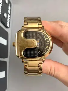 Men's Elegant Rotating Quartz Watch, Golden Band, Dial, Rectangle Analog Face, Japan Movement, Perfect Gift for Boyfriend, Modern Fashionable Wristwatch