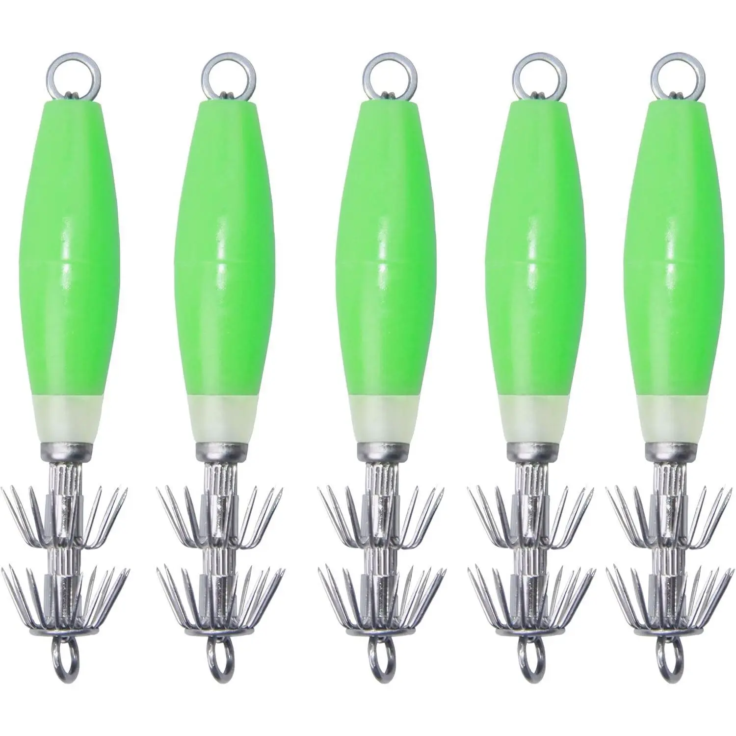 Luminous Squid Jig Hooks Saltwater Fishing Lures Kit,5/10pcs Glow Squid Jigs Fluoresent Cuttlefish Sleeve Fishing Jigs Baits Night Octopus Lures Glow Dark Green Color