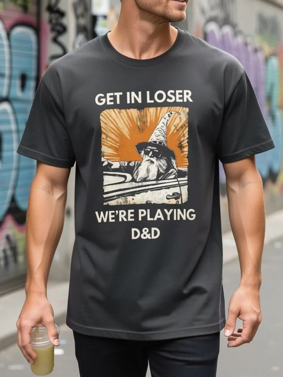 "Get In Loser We're Playing D&D" Tabletop RPG T-Shirt - Retro D&D Graphic Cotton Tee, Relaxed Loose Fit Casual Gamer Shirt for D&D Campaigns & Gifts