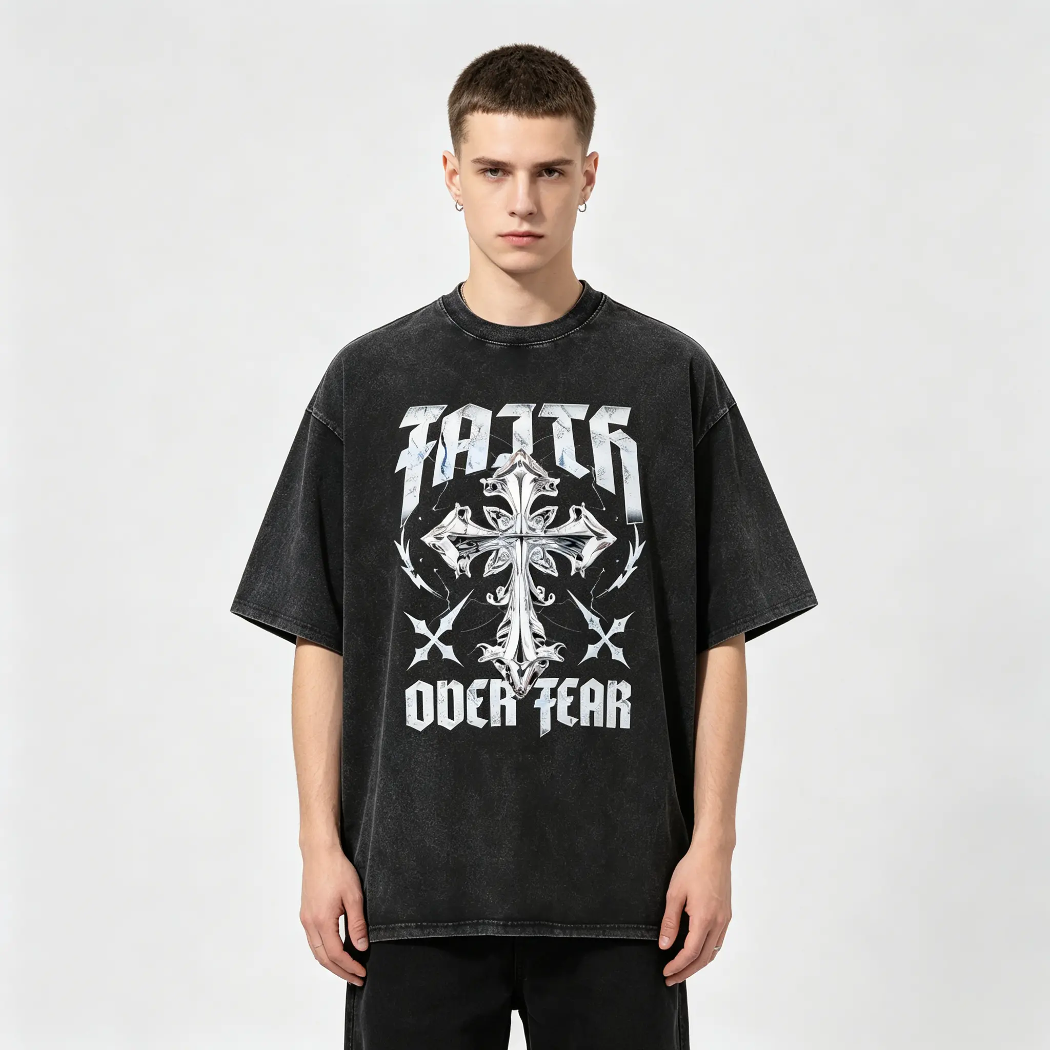 Summer Trendy Retro Acid-Wash Black-Chrome Metallic Cross "FAITH OVER FEAR" Lightning Gothic Print T-Shirt – Unisex Loose-Fit Casual Top with Dark Faith Aesthetic