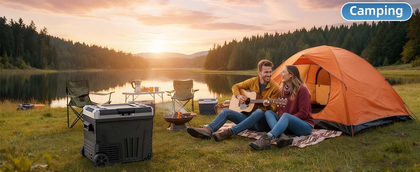 EUHOMY 12V Refrigerator (24/37/53Quart /23L/35L/50L)supports 12V/24V DC & 110-240V AC. Portable with-4°F~68°F range, it features wheels, 2 baskets, and largecooling zone. ldeal for RVs, travel, Truck, Boat