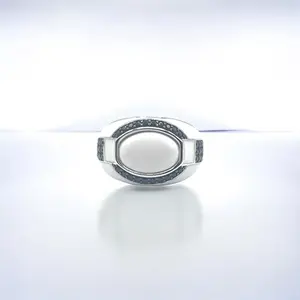 White Agate and Black Spinel Ring in 925 Sterling Silver, Oval Shaped Ring