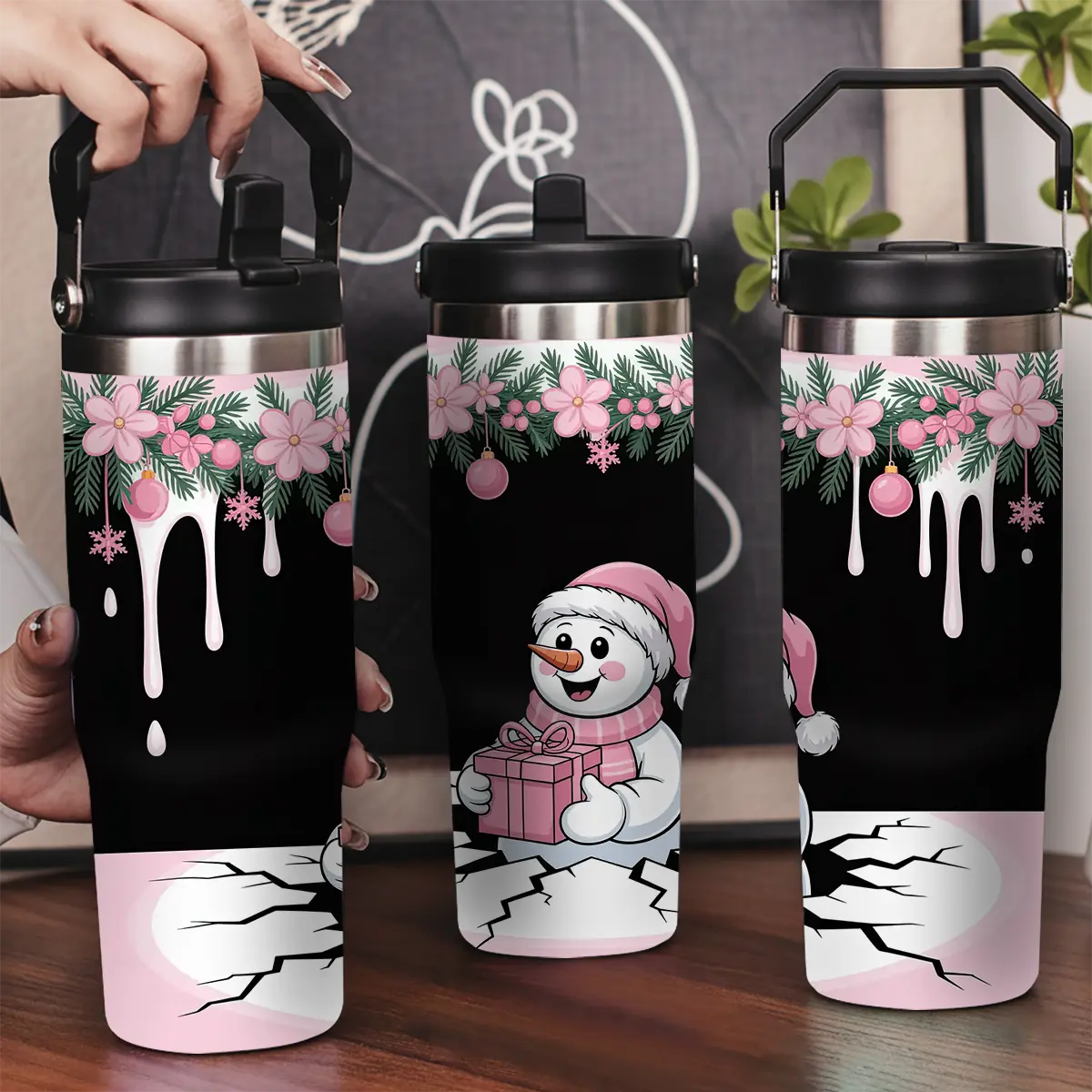 30oz Stainless Steel Insulated Tumbler with Leak-Proof Lid & Portable Handle - Cute snowman wearing pink hat and scarf,Long-Lasting Hot/Cold Insulation,Perfect for Car,Office,Travel and Birthday Gifts, Travel Drinkware,Horse Drink Water Bottles