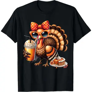 Turkey Drinking Coffee Bow Thanksgiving Womens Turkey Day T-Shirt