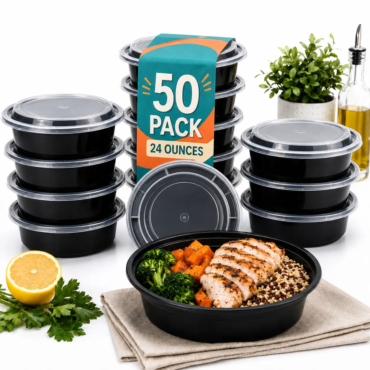 Plastic Bro 24 oz Round Meal Prep Containers with Lids, 50 Pack, Black Food Storage Containers, Leak Resistant, Microwave & Freezer Safe