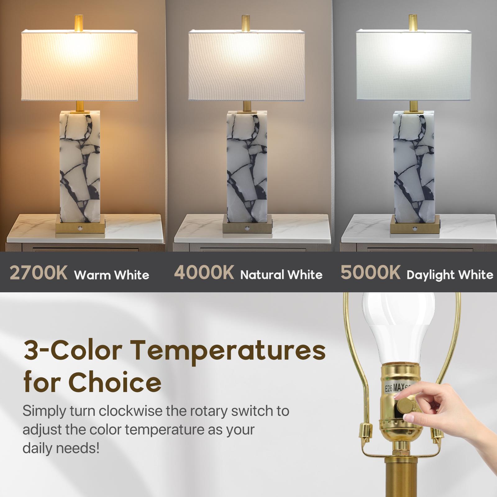 GALENTAL 25.6" Alabaster Lamp, Natural Marble Table Lamps 2 P, 3-Color Temperatures Lamp with Nightlight, Modern Table Lamp, Nightstand Lamp, Bedside Lamps with 2 USB Ports, Bedroom Lamps for Night Stands, End Table Lamps for Living Room, Bulbs Included