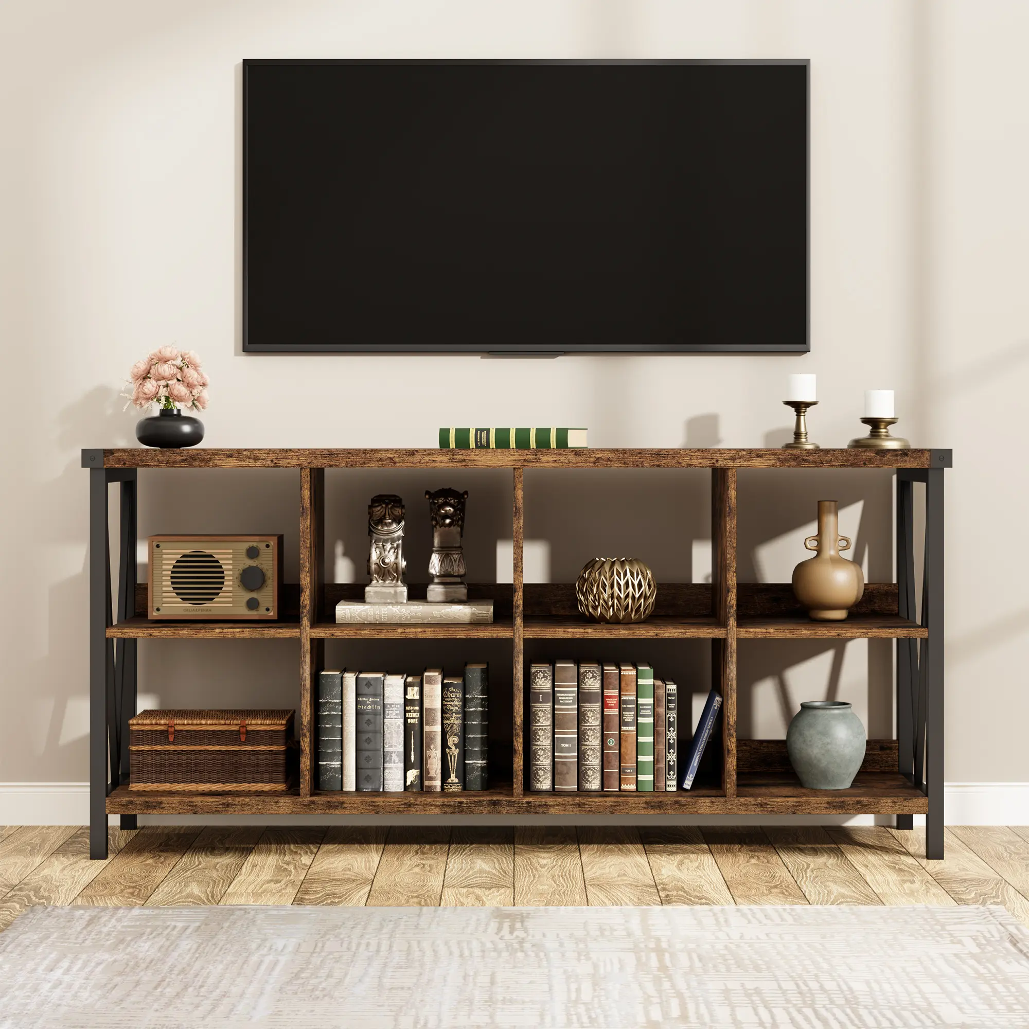 Industrial Sofa Side Table, 3-Tier Low Console with 8 Cube Storage, Metal Frame Bookshelf Design, Sturdy Storage Furniture for Living Room, Entryway & Hallway