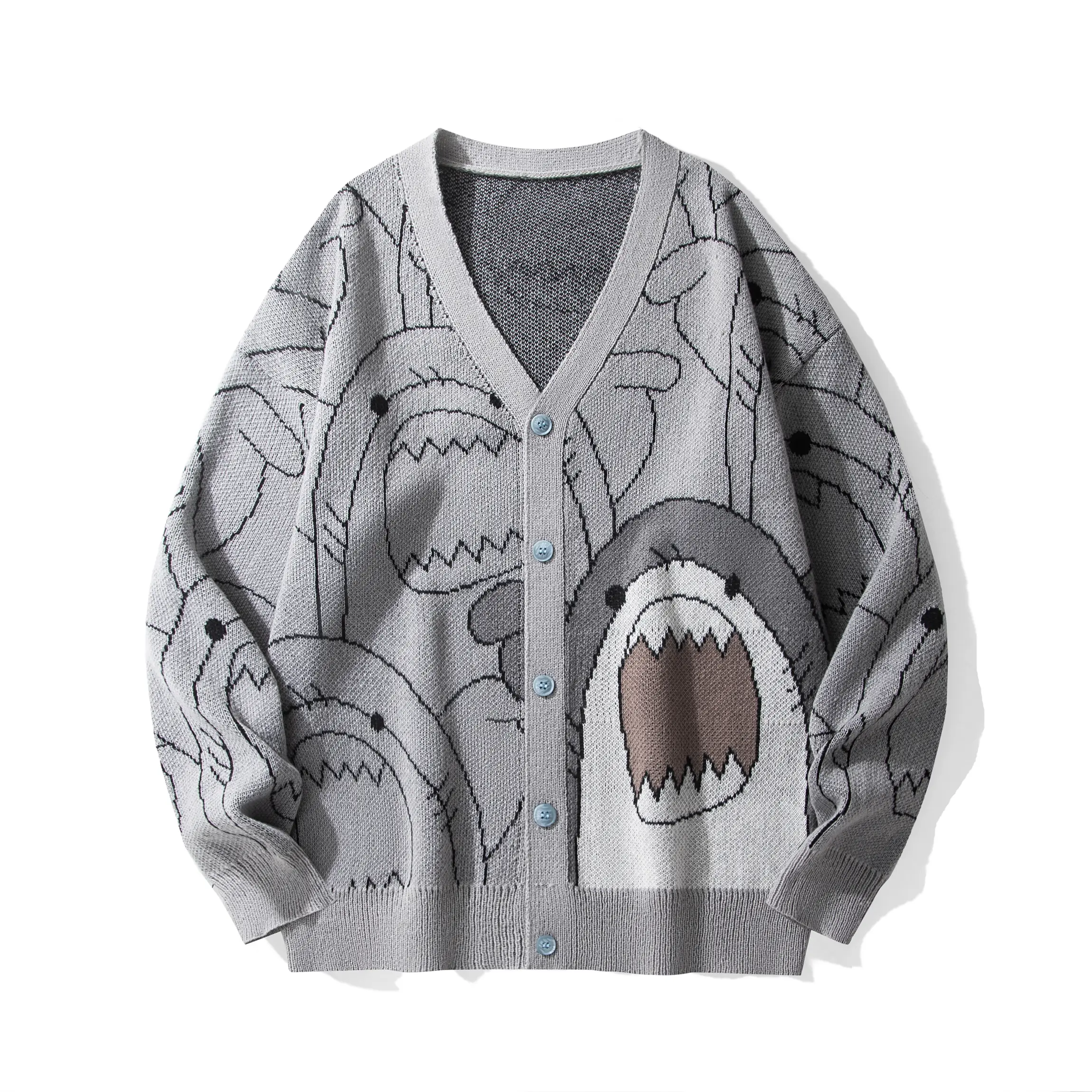 Unisex Trendy V Neck Button Up Cardigan Featuring Playful Shark Cartoon Jacquard Knit Design. Crafted from premium soft fabric, this stylish loose fit sweater offers ultimate comfort and a unique, eye catching look for any casual daily streetwear
