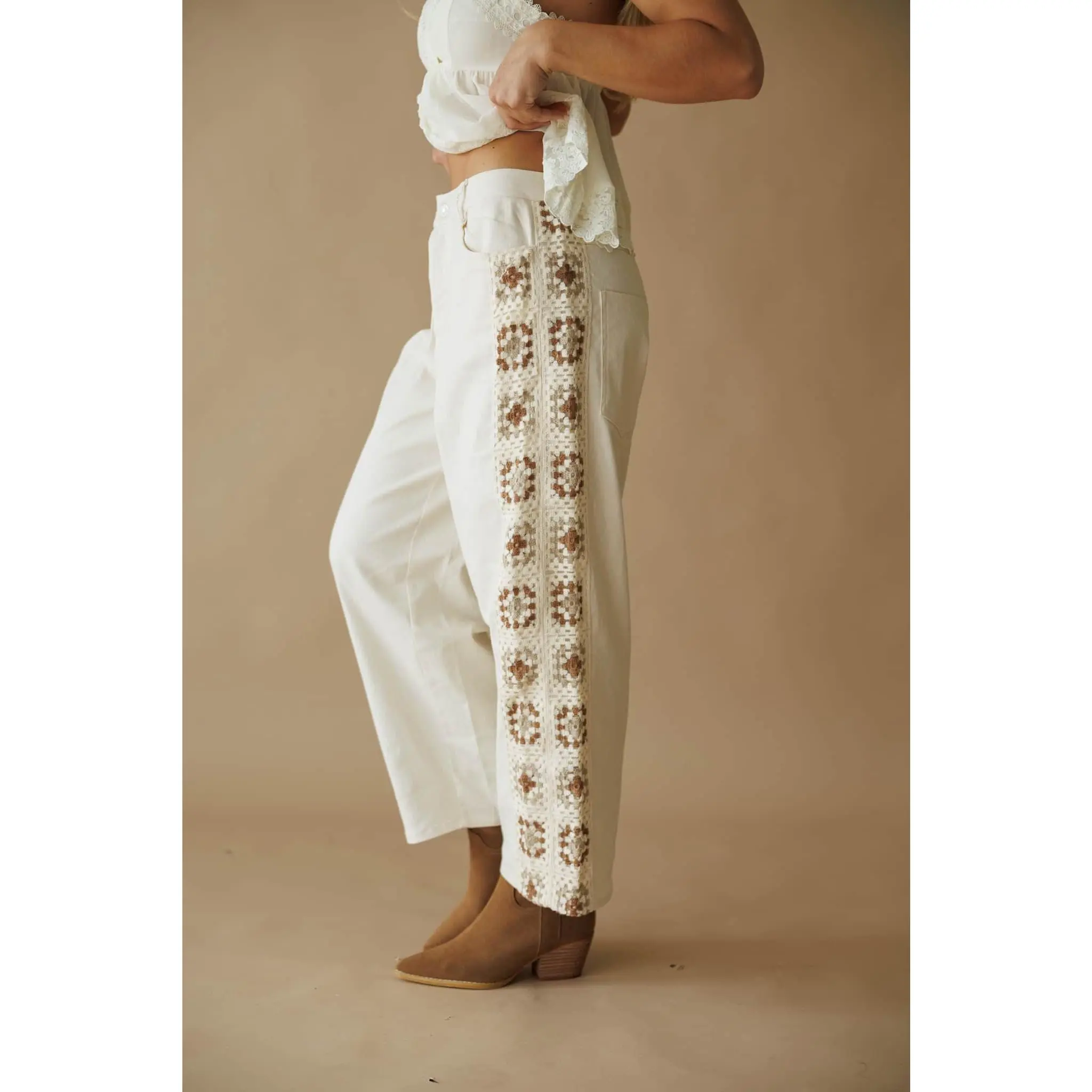 Women's Bohemian Vibe Crochet Wide-Leg Bottoms, Spandex-Blend Fabric, Slip-On Design, Soft, Rayon, Cotton, Lightweight, Trouser