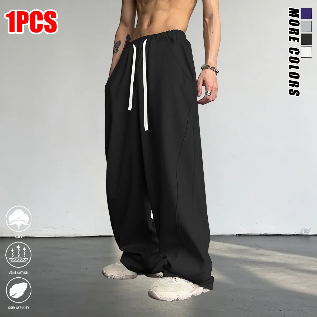 Men's Athletic Pants in Plain Polyester, Loose-Fit Wide-Leg Cut with an Elastic Drawstring Waist for Fitness & Travel