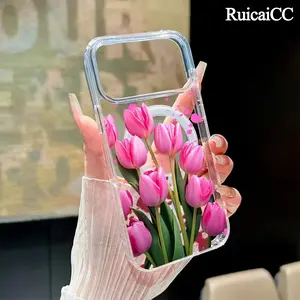 Pink Tulip Pattern Magnetic Phone Case for iPhone 15 Plus 17 16 Pro Max Air 14 13 12 11 Transparent Shockproof Soft Premium Stylish Durable Protection Case