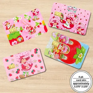 Card Skin 4 Pack | Holographic Strawberry Girl Credit Card Stickers | Cute Pink Aesthetic Wallet Decor | Kawaii Card Cover | Gift Idea