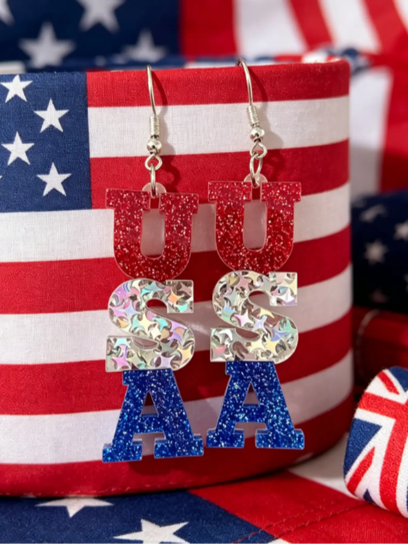 Red, Silver & Blue Glitter Star Tassel Earrings, Casual, Patriotic, Memorial Day, 4th of July, Independence Day, Acrylic