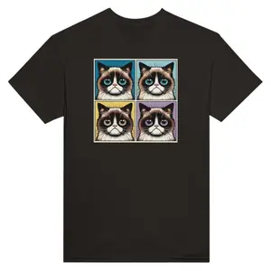 Women's funny cat lover gift Graphic T-Shirt - Short Sleeve Crew Neck Regular Fit Casual Wear | Soft & Breathable Fabric, Durable Print, Everyday Comfort, Machine Washable, pop art graphic design on t-shirt featuring four stylized cat faces in a grid