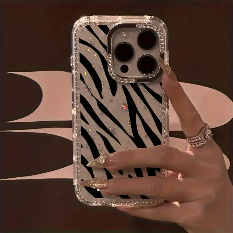 A Luxurious Zebra-Striped Phone Case Adorned with Sparkling Rhinestones, Featuring a Transparent Starry Border That Offers Drop Protection. Compatible with Iphone 12/13/14/15/16/17, It Makes a Perfect Gift for Christmas, New Year, Easter
