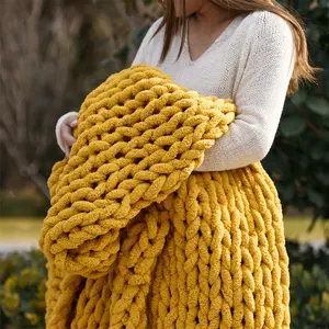 1pc Handmade Chunky Knitted Blanket, Tightness Braided Throw Blanket, Chenille Stick Knitted Sofa Blanket