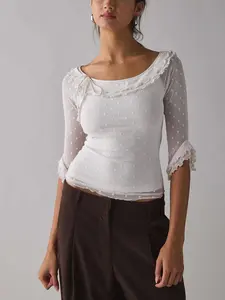 Burgundy Polka Dot Cropped Ruffle Trim Top, Slim Fit 3/4 Sleeve Boat Neck Design, All-Season Fashionable Women's Outerwear