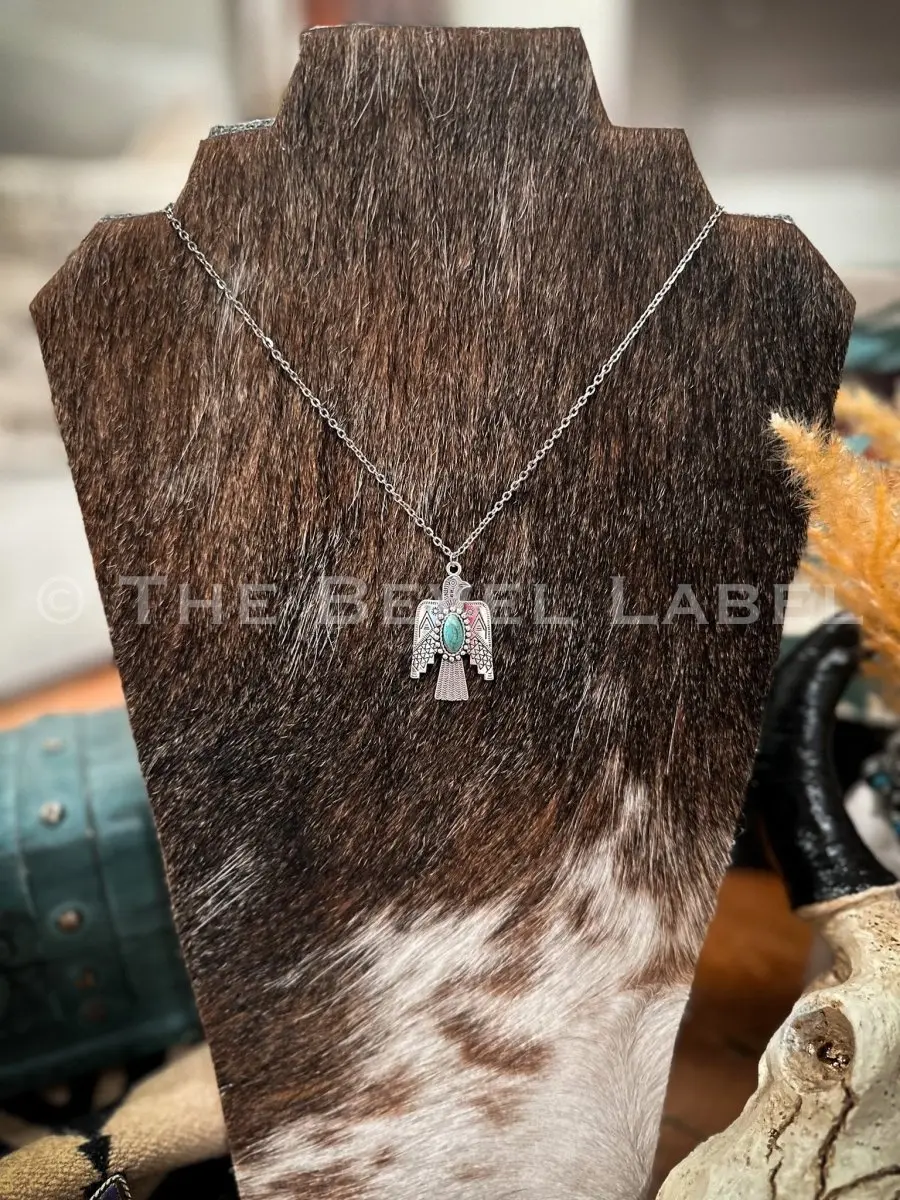 Thunderbird Turquoise Necklace for Cowgirls, Vibrant Western Statement Charm on a 20 Inch 925 Sterling Silver Chain, Accessory