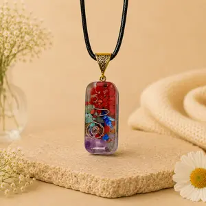 Chakra Style Chips Pendant Necklace with Cord Necklace
