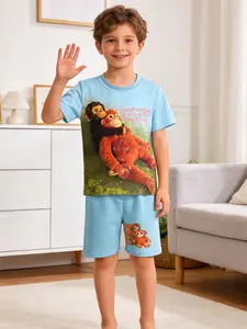 Monkey Punch Graphic Baby Monkey Holding Plush Toy Punch Monkey Cute Cartoon Monkey Print Kids Short Sleeve Summer Pajama Set, New 2026, Birthday Gift Essential, Spring & Summer Fashion