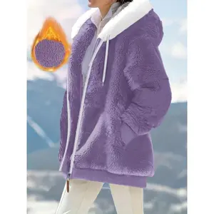 Plus Size Contrast Color Hooded Faux Fur Jacket, Casual Pockets Full Zip Long Sleeve Jacket Fall And Winter, Women's Plus Size Clothing