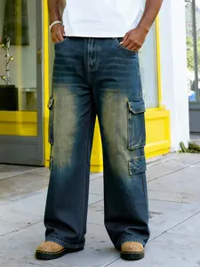 Men's retro washed blue distressed straight-leg denim cargo jeans, featuring three-dimensional large cargo pockets, a retro washed loose wide-leg fit, Y2K street-style cool and versatile long pants