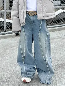 Men's Vintage Patchwork Washed Light Blue Jeans, Pants, Loose Straight Leg Denim Jeans, Y2K Style Streetwear, Perfect Gift for Boyfriend Husband