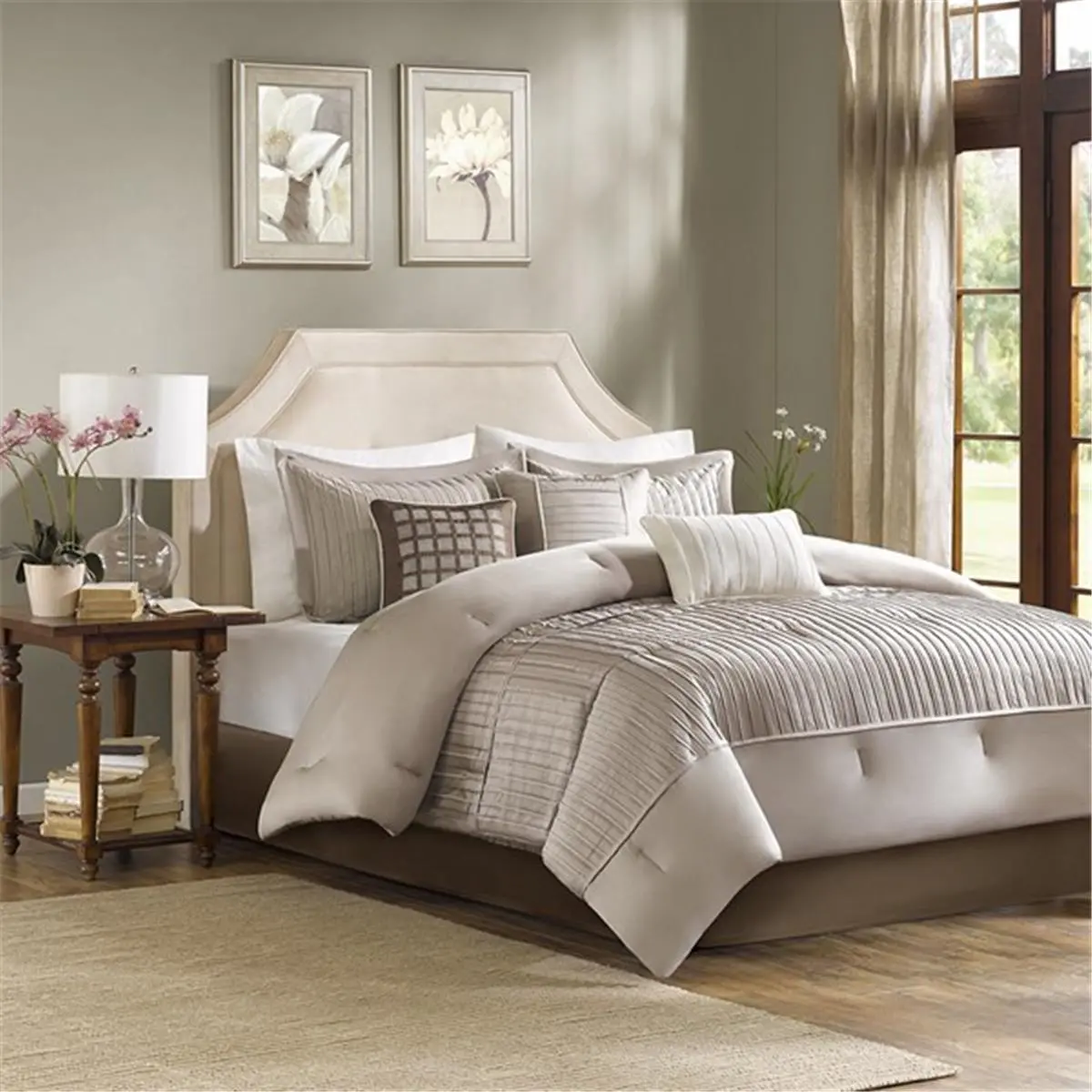 212 MAIN Madison Park Trinity 7-Piece Polyester Modern Bedding Set with Pleated Detail, Taupe Bed Sheet Set for Queen Size Bed, Bed Sheet Sets