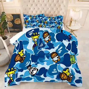 Blue Camouflage Cartoon Characters Comforter Set, Fun & Whimsical Bedding Set, Giraffe, Monkey, Elephant Designs, for Kids & Teen Bedroom Decorations, Soft & Cozy Bedding, Includes 1 quilt, with 1 or 2 Pillowcase No Pillow, Soft Breathable Bedding