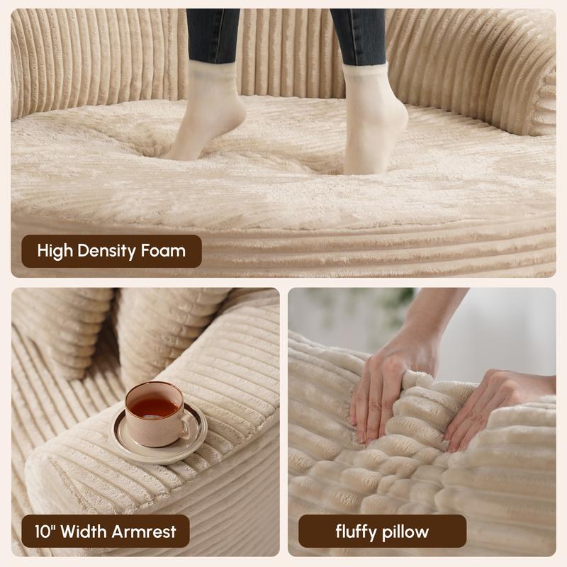 【Fall Deals For You】Ovios 59" W Oversized Round Sofa Bed - Fluffy Lazy Bean Bag, Modern Deep Seat Couch for Relaxation, Plush Corduroy Fabric, 3 Pillows Included, No Assembly Required