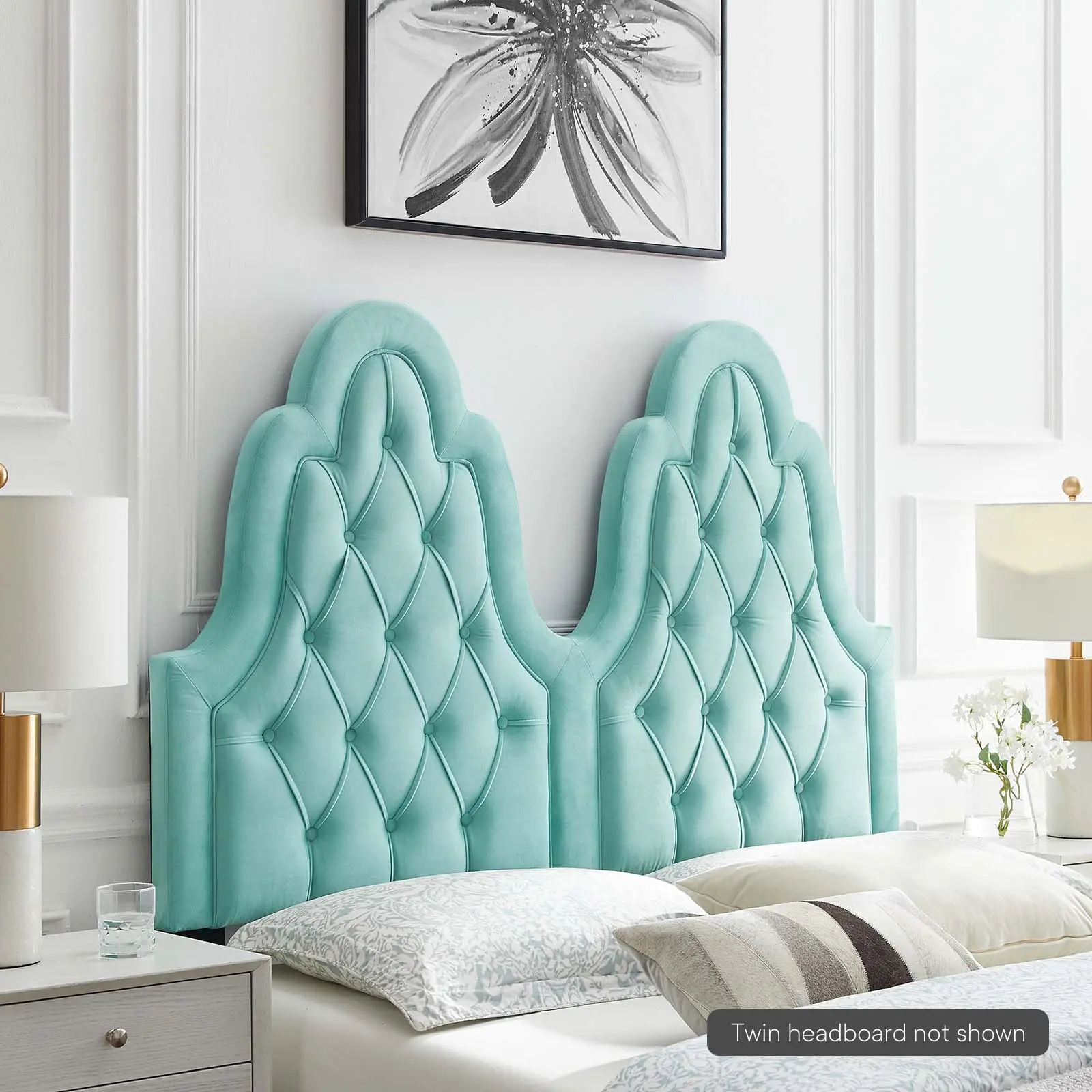 Modway Augustine French Upholstered Diamond Tufted Performance Velvet Twin Headboard - Adjustable Bedroom Furniture in Mint with French Piping Detail, Assembly Required, Headboards