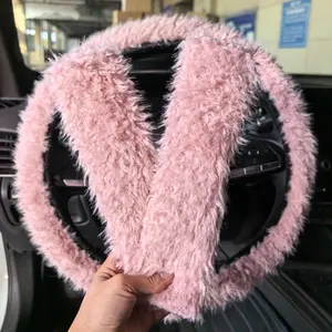 3pcs Universal Car Steering Wheel Cover Set, Faux Wool Interior Kit, Warm Anti-Slip, Comfortable Grip, Durable Design