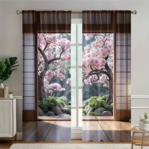 2pcs Japanese Cherry Blossom Sheer Curtains - Easy Hang Pole Pocket Design, Machine Washable Polyester, Semi-Transparent With Blooming Cherry Trees Print For Living Room, Bedroom, Office, Kitchen & Vacation Home Decor, Curtains For Living Room