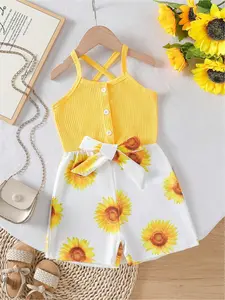 Young Girl Sunflower Print Cami Romper Summer