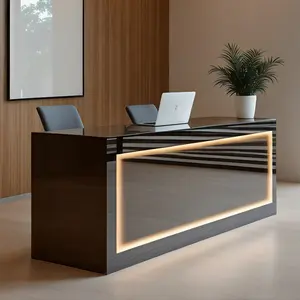 High-end Solid Wood Office Reception Desk : LED Light Strip + Large Capacity Storage + Metal Wire Hole