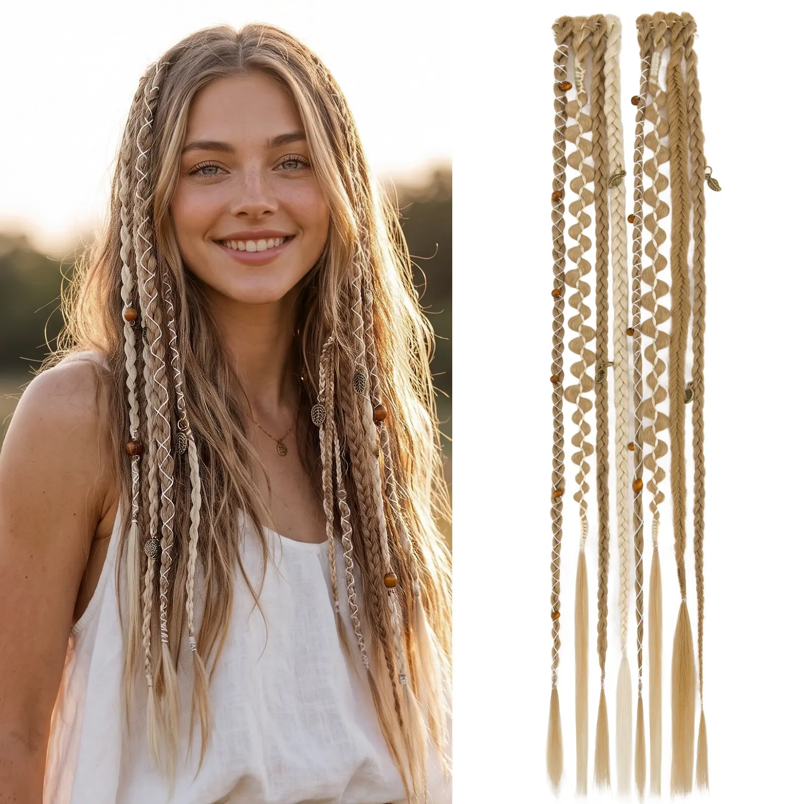 SEGOHAIR Clip in Braid Hair Extensions for Women, 22 Inch Boho Dreadlock Clip-In Braids with Beads & Charms, 2 PCS Handmade Synthetic Braided Hairpieces for Daily Wear & Cosplay, Party, Medium Blonde with Light Blonde