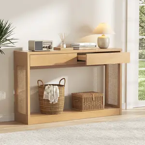 Sikaic Double layer Rattan Console Table with 2 Drawers, Bohemian Entryway Table with Spacious Storage and Anti-Tip Design for Living Room, Hallway, or Entry,  Natural Oak